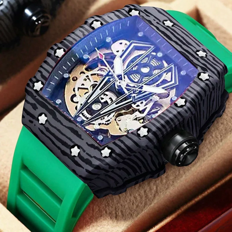 Men Green Zinc Alloy Strap Fashionable Skeleton Tonneau Dial Mechanical Watch